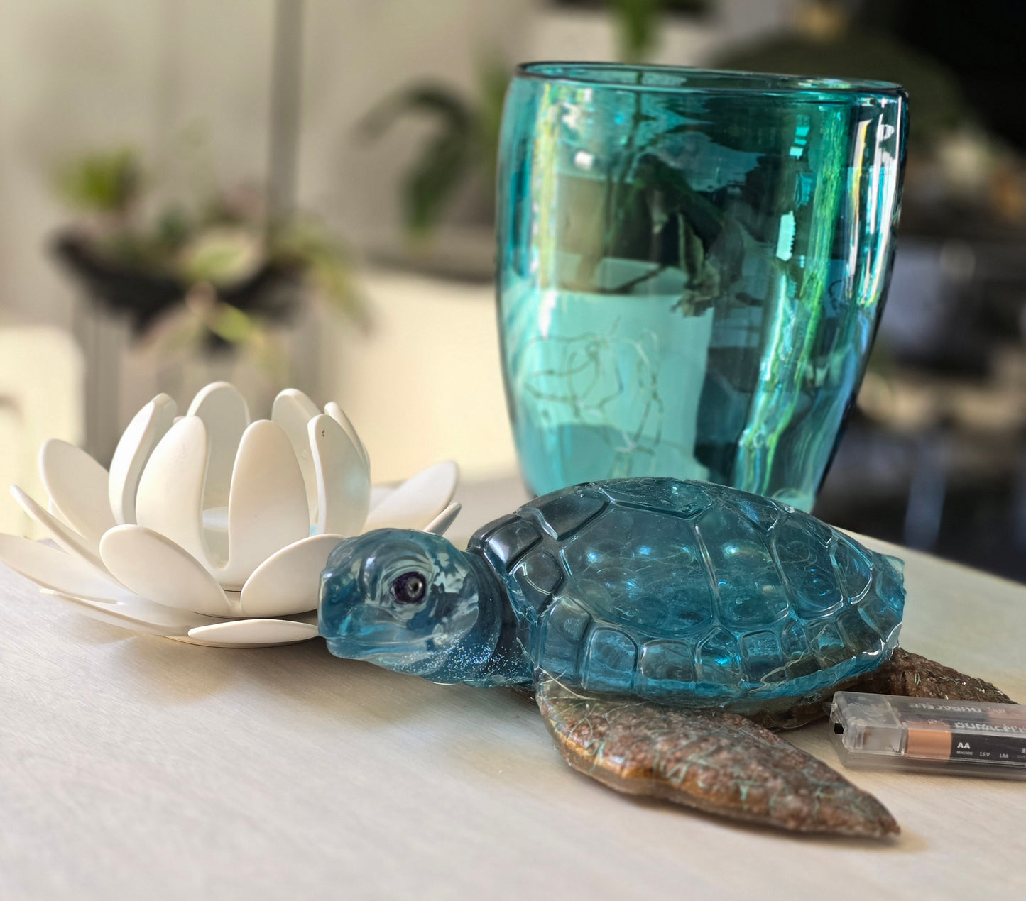 Turtle huge green blue with natural pebbles 30 x 31cm