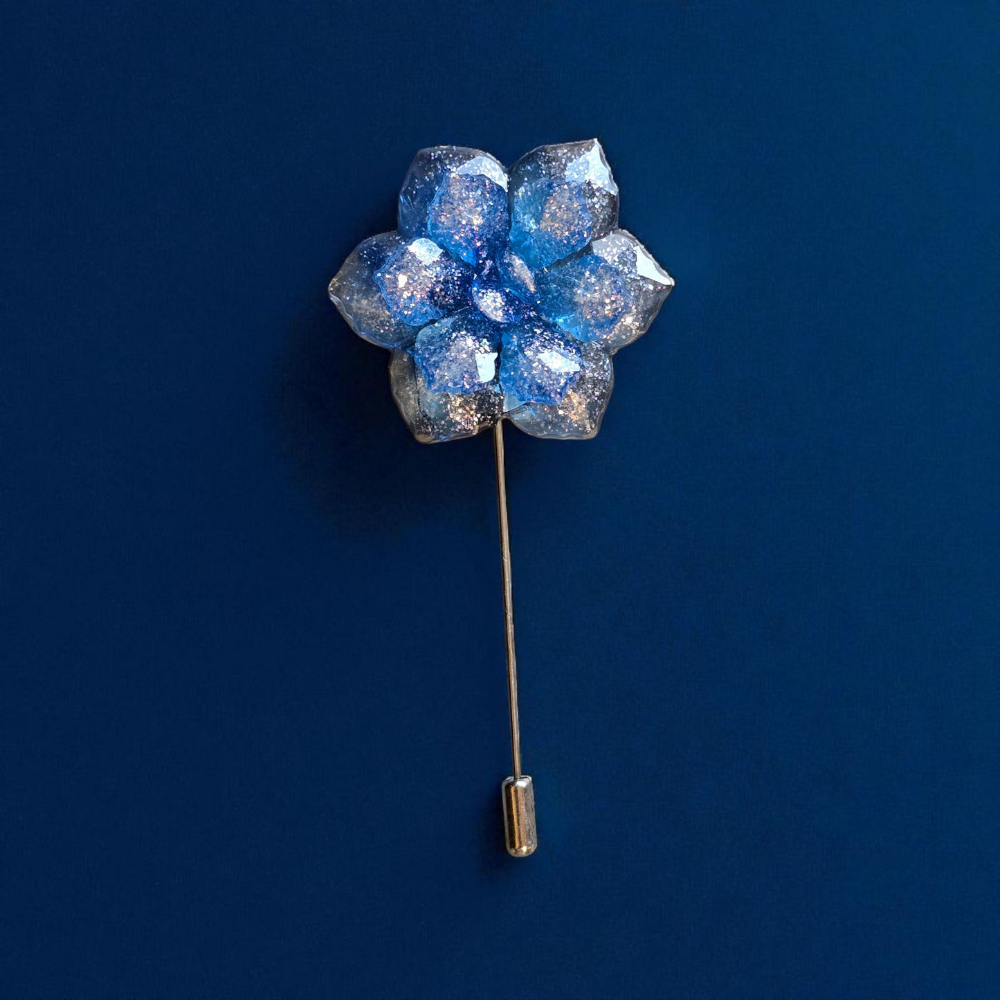 Lapel pin crystal faceted blue flower