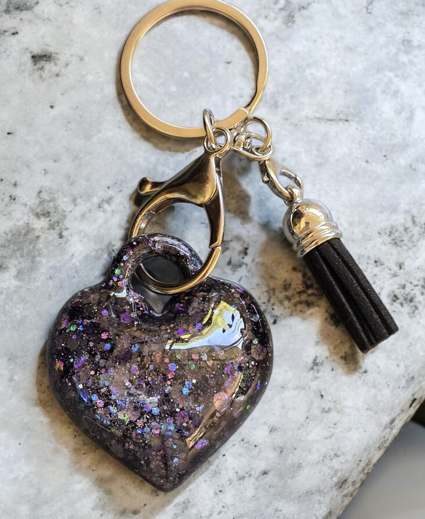 Keycharm puffy heart sparkling black with black tassel