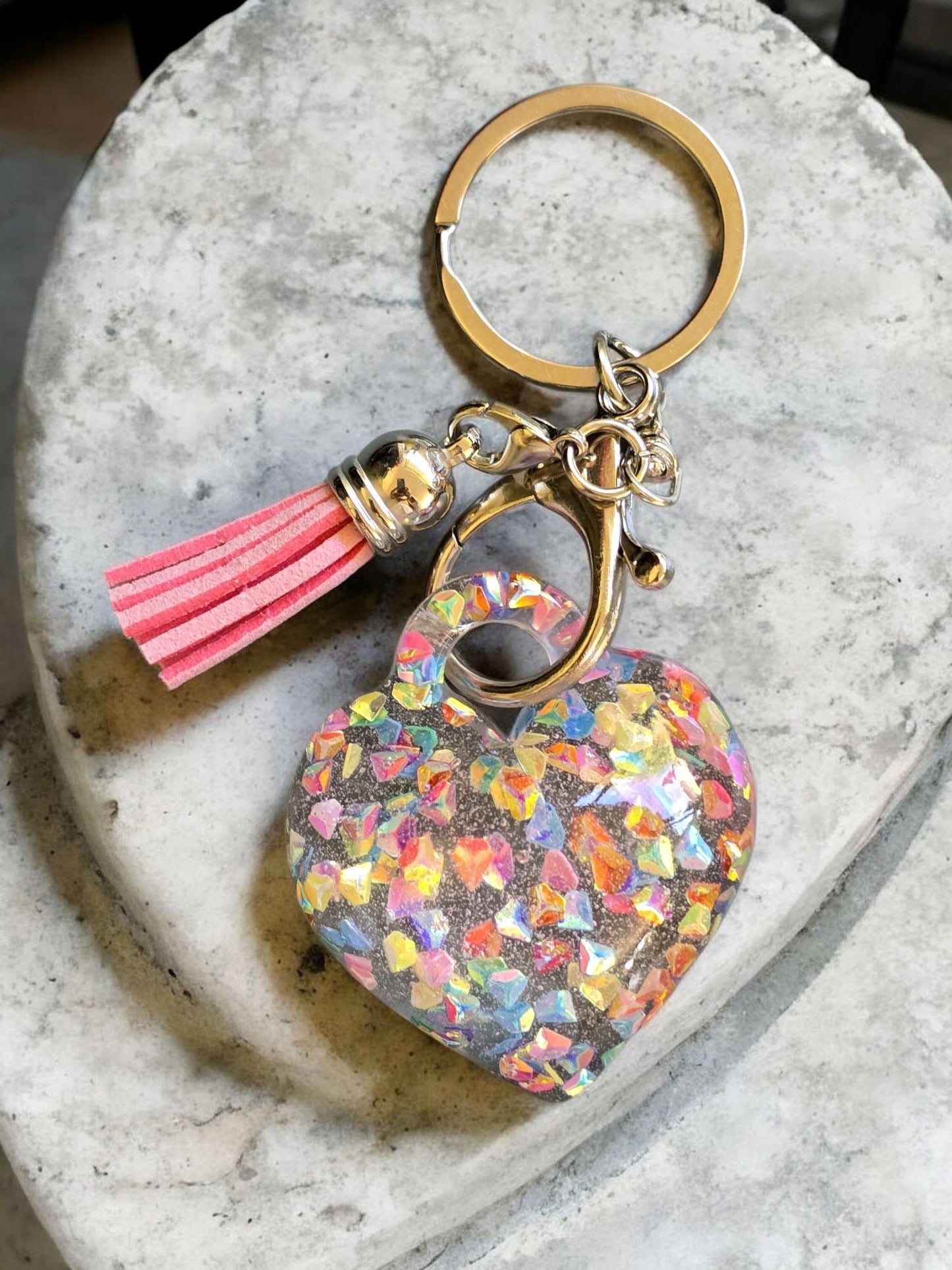 Keycharm puffy heart sparkling colours pink tassel