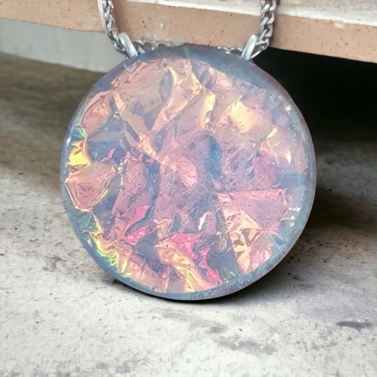 Pendant large Pink and silver with long heavier silver chain