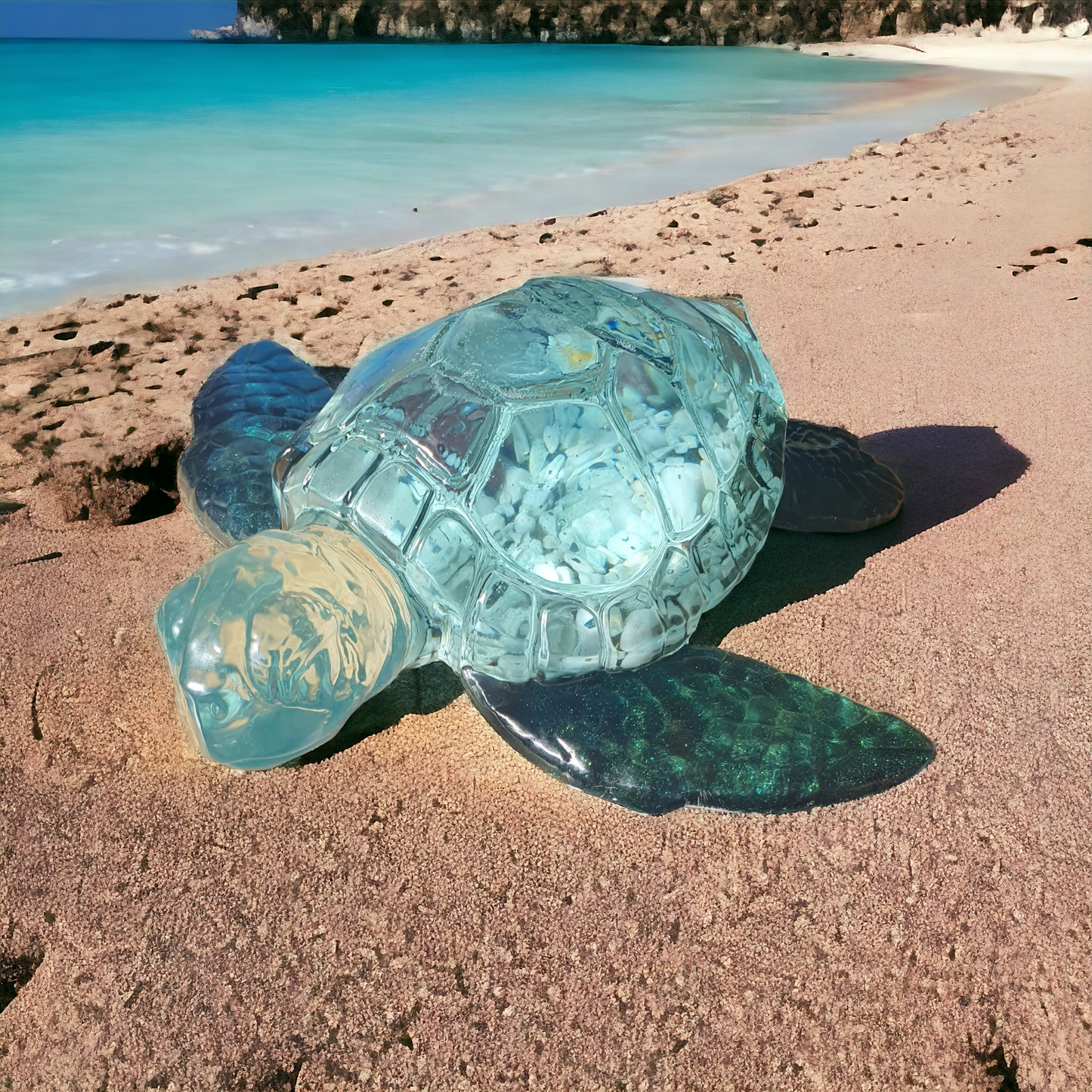 Turtle huge green blue with natural pebbles 30 x 31cm