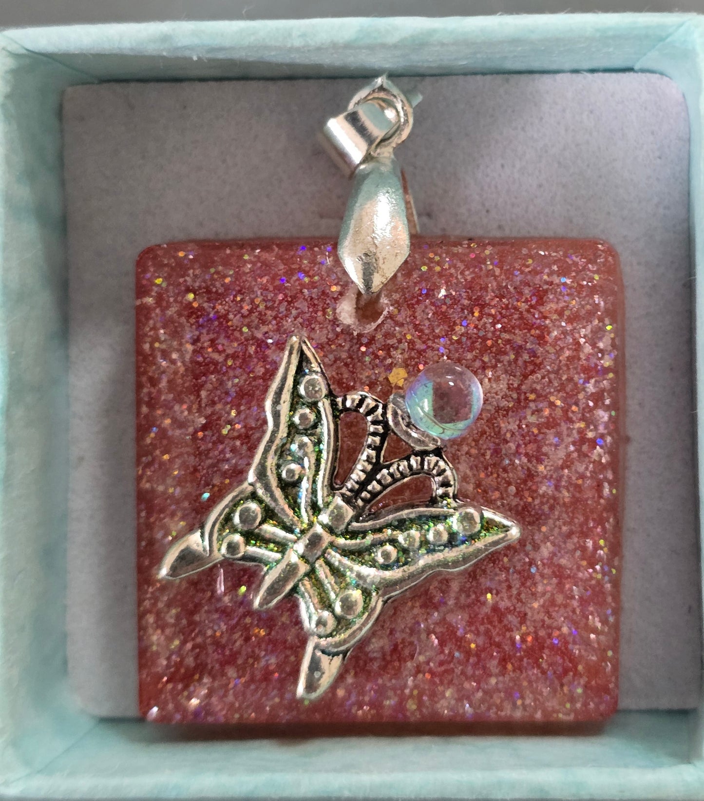 Pendant pink with silver butterfly 🦋