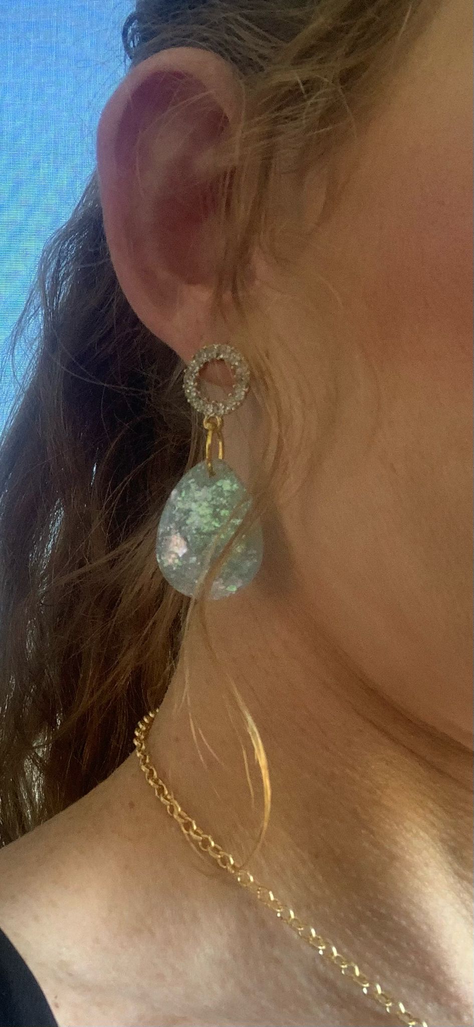 Earrings dangling blue green opal looking