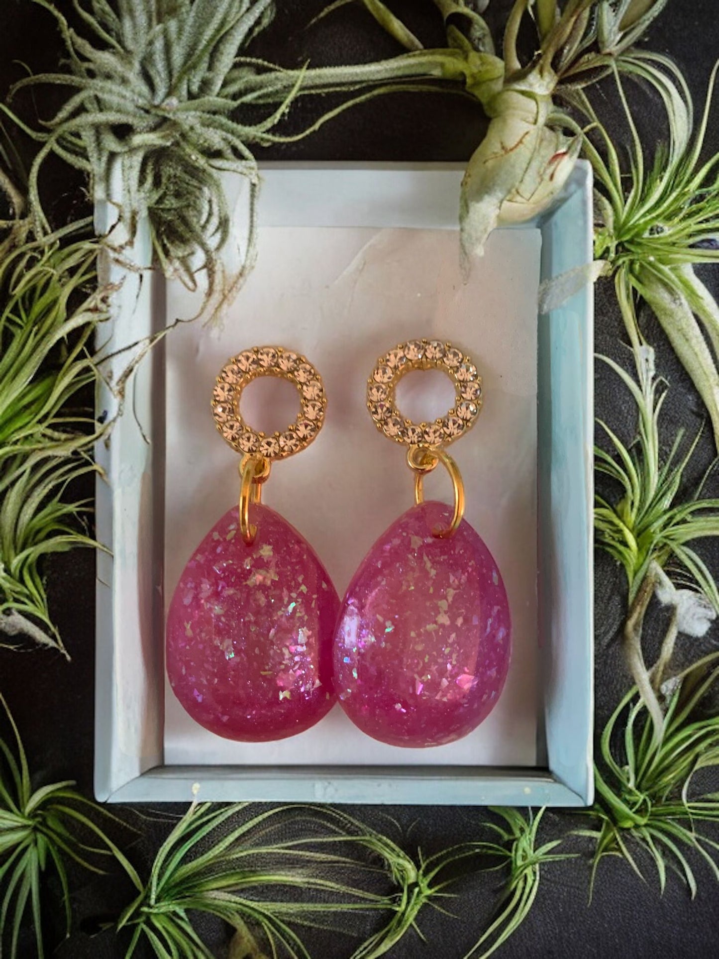 Earrings dangling pink faux opal