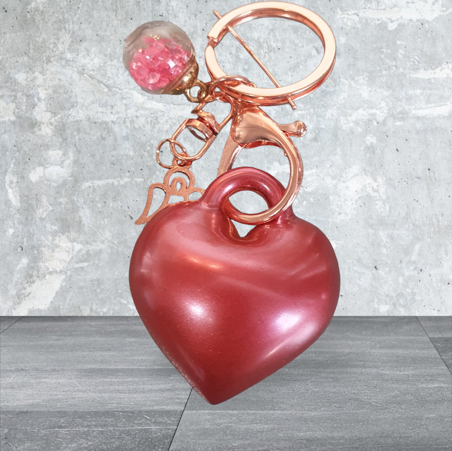 Key Charm Burgundy Puffy Heart  with Charm and Bauble