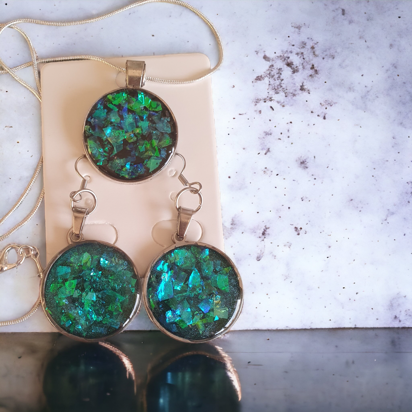 Pendant and earring set blue green opal