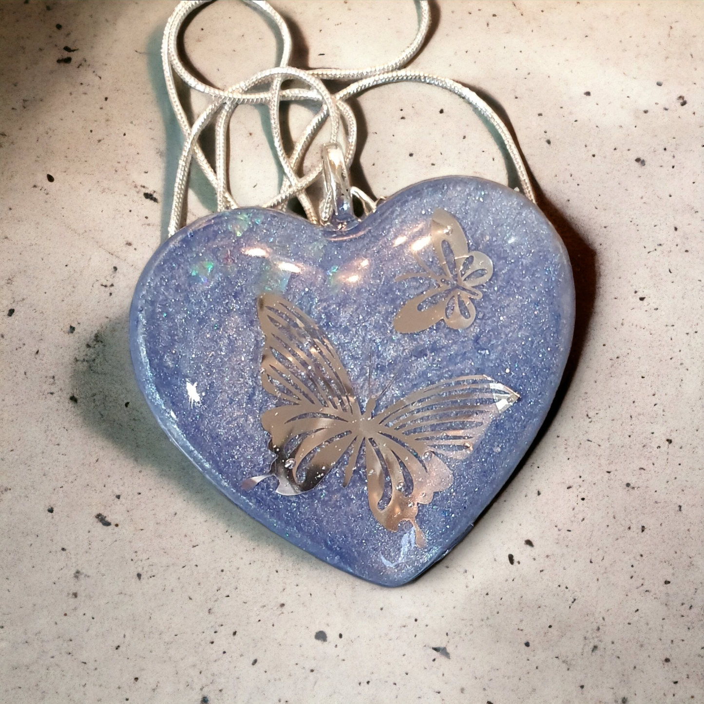 Pendant love heart blue and silver butterfly