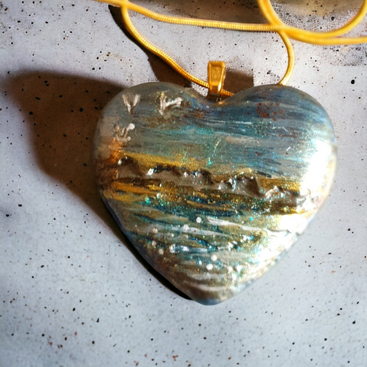 Pendant heart hand painted sea scene with gold chain