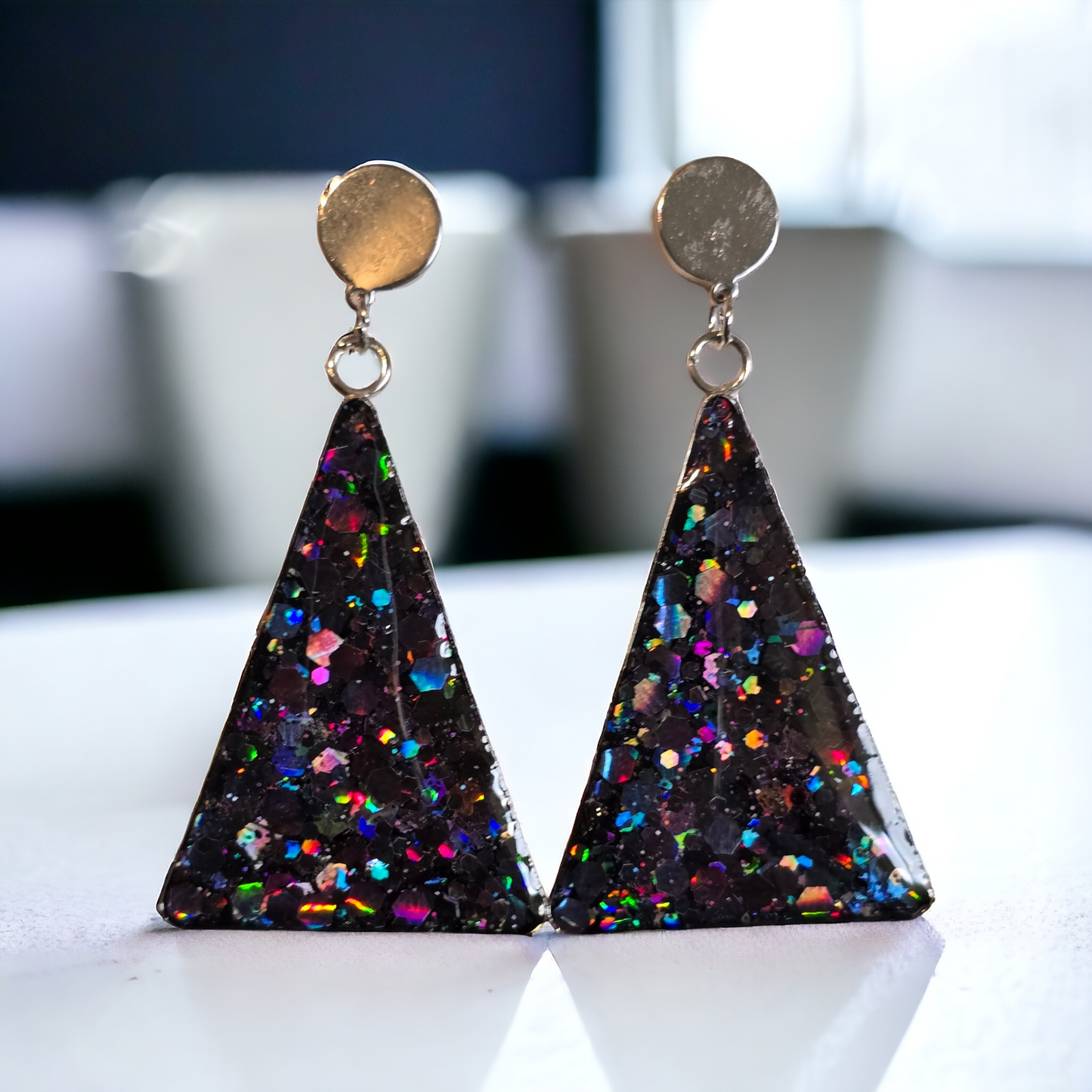 Earrings dangling silver with black sparkles