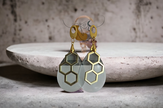 Earrings soft grey green with gold honeycomb