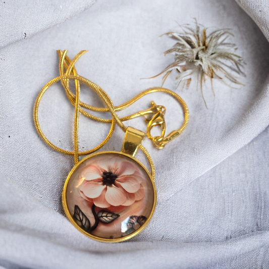 Pendant peach colour flower with gold snake chain