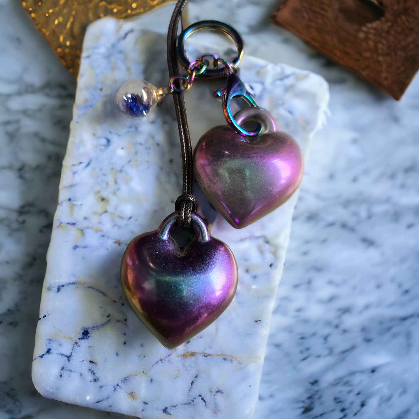 Keycharm puffy heart with matching pendant set purple and blue