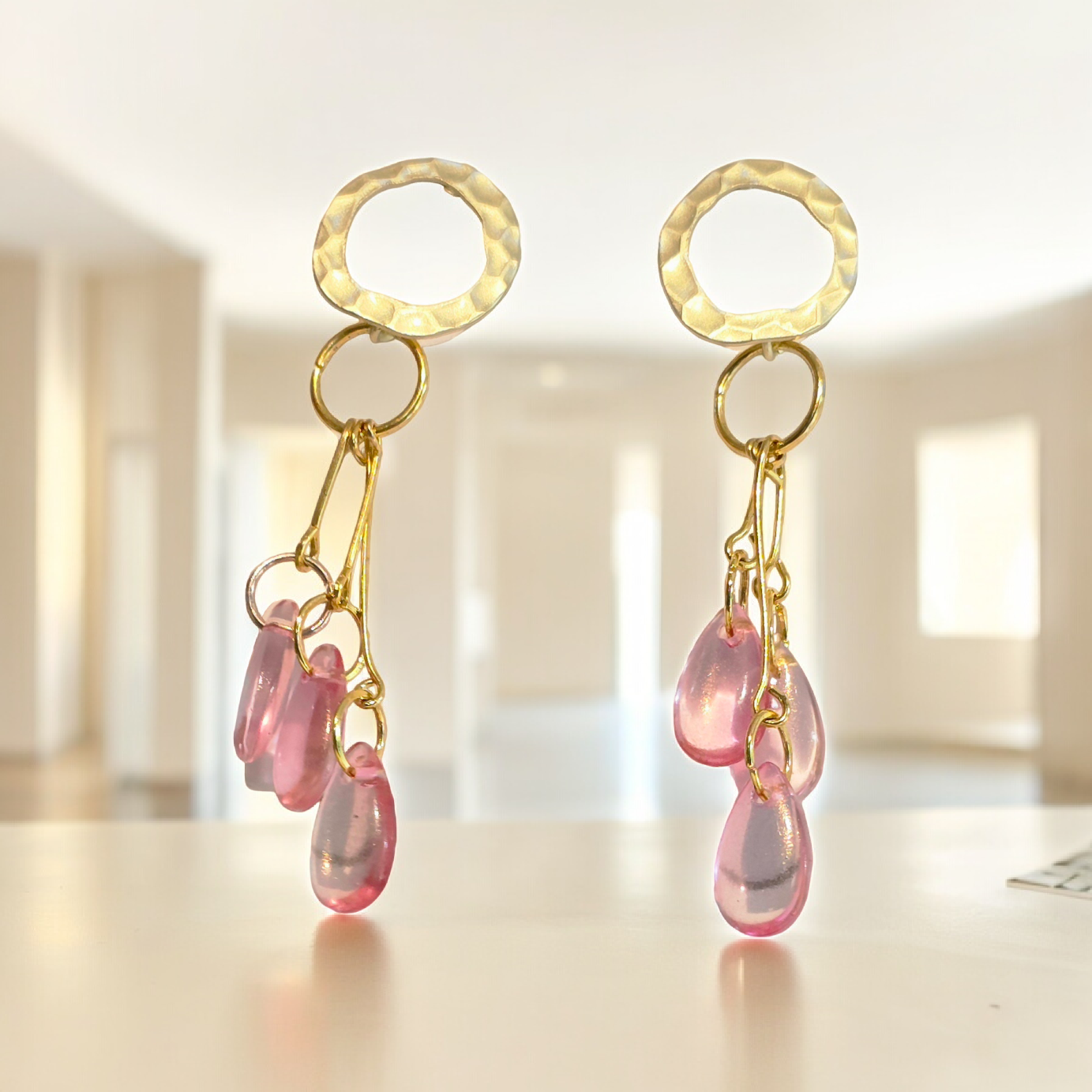 Earrings dangling pink and gold water drop