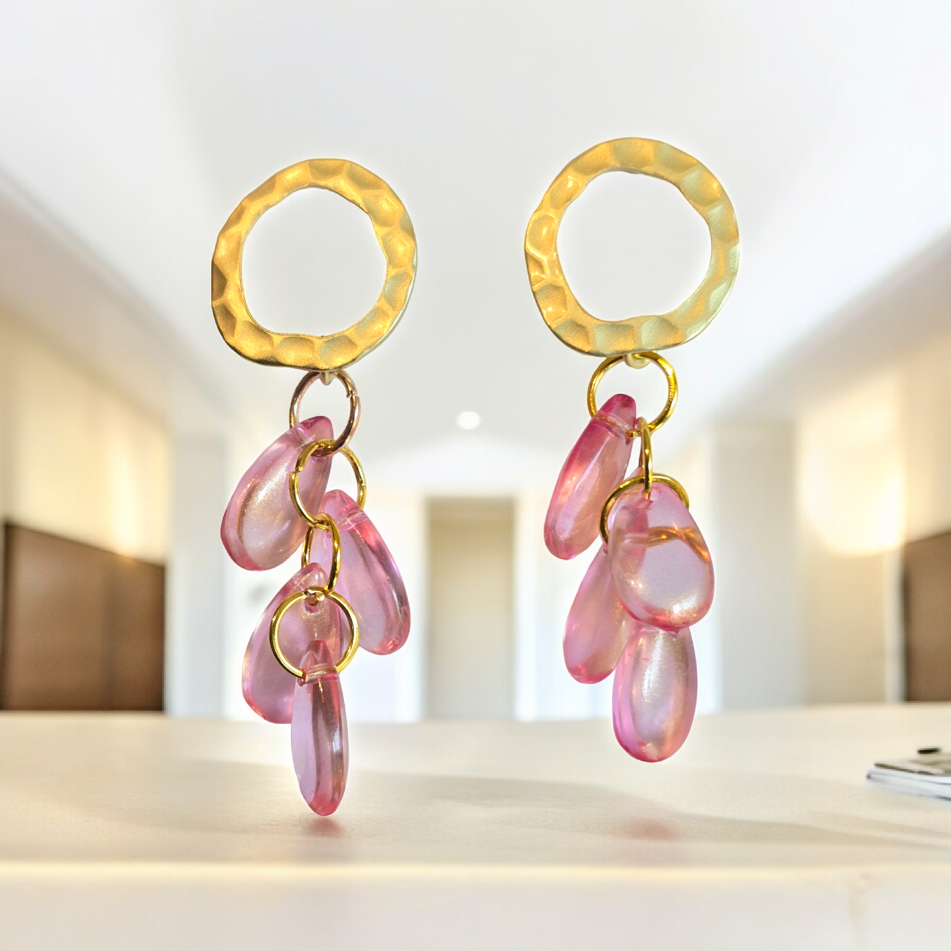 Earrings dangling pink and gold water drop