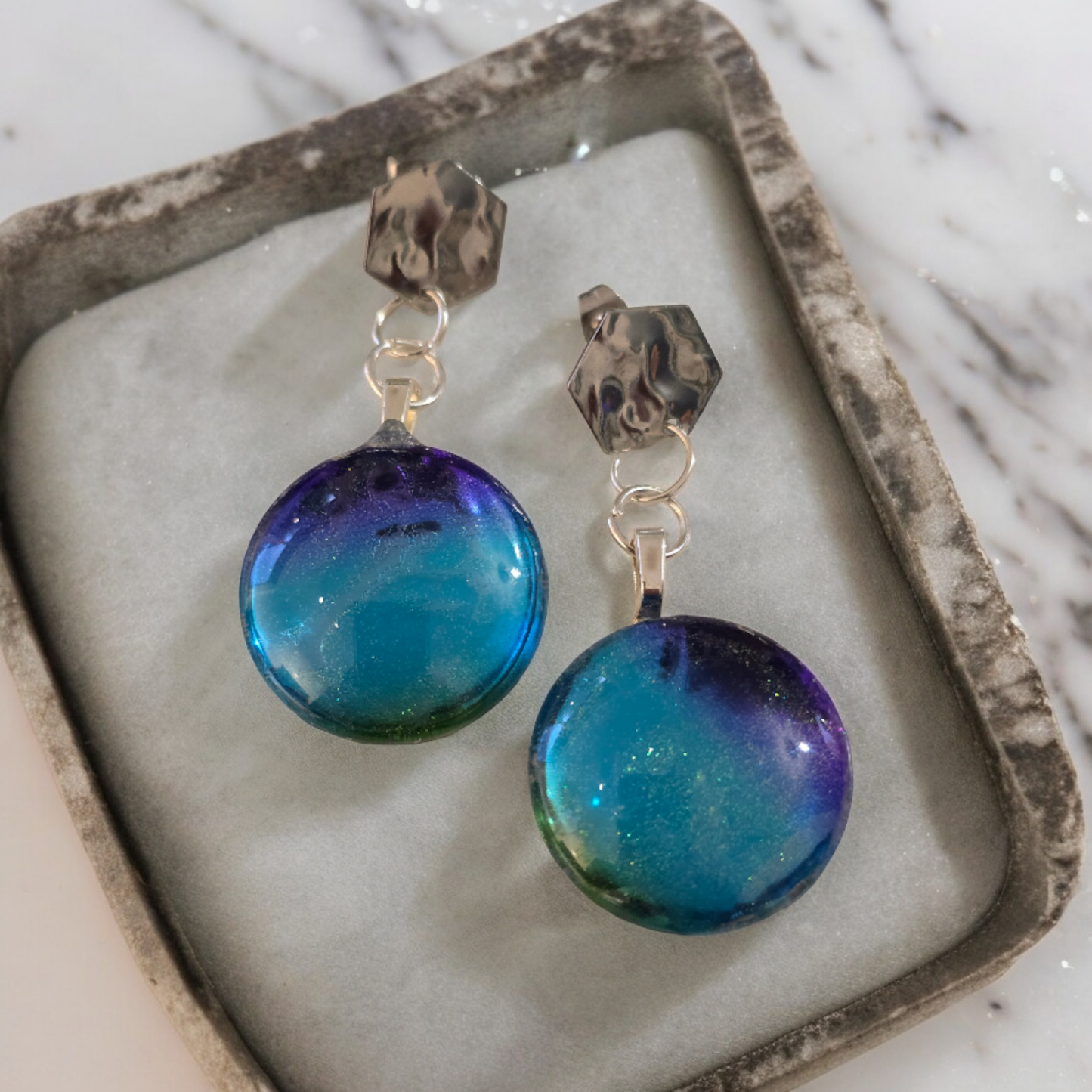 Earrings dangling turquoise and purple blue