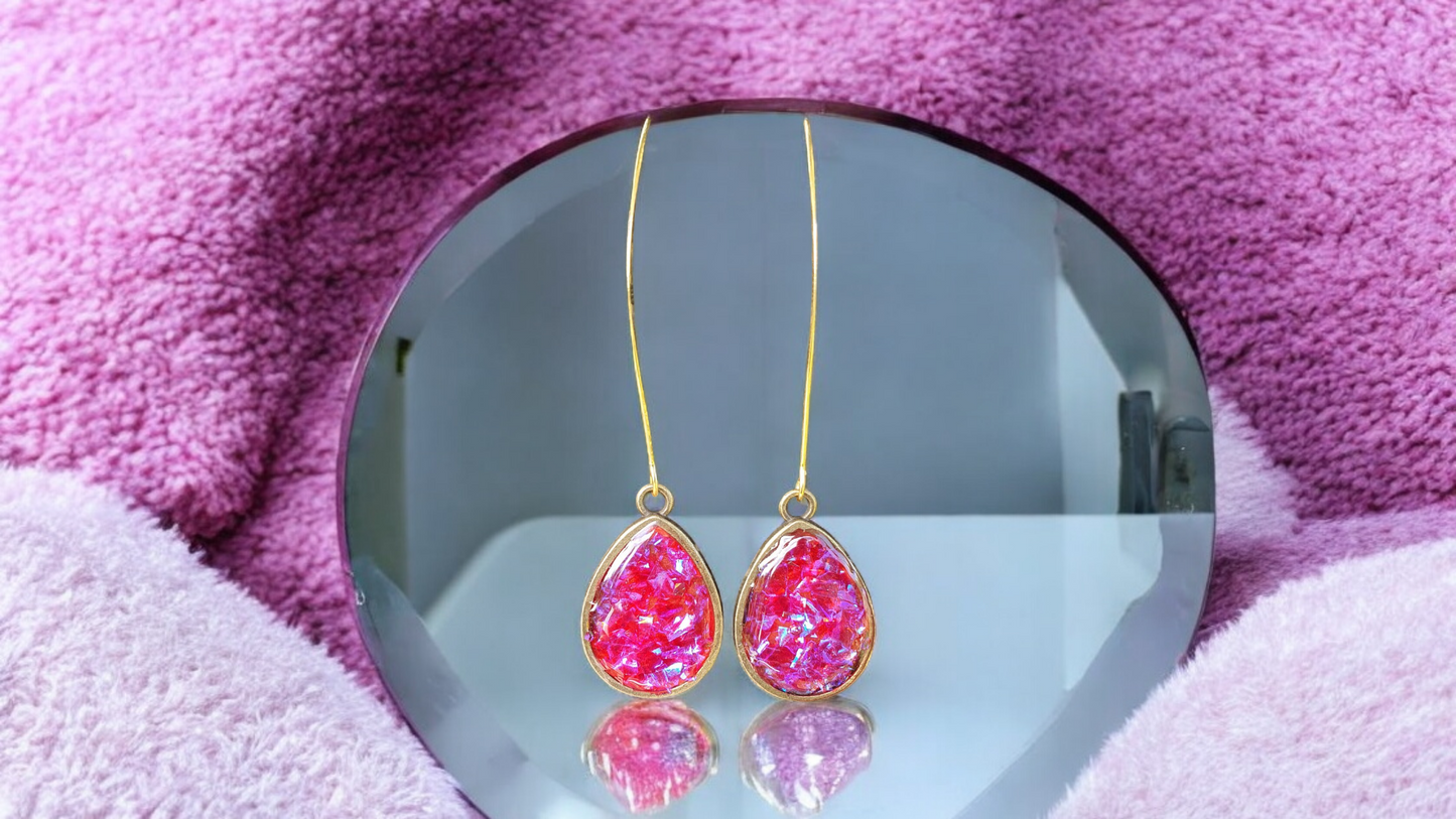 Earrings long dangling pink