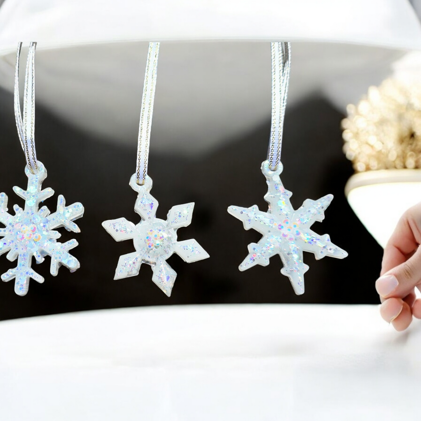 Snowflake set of 3 small white and rhinestones