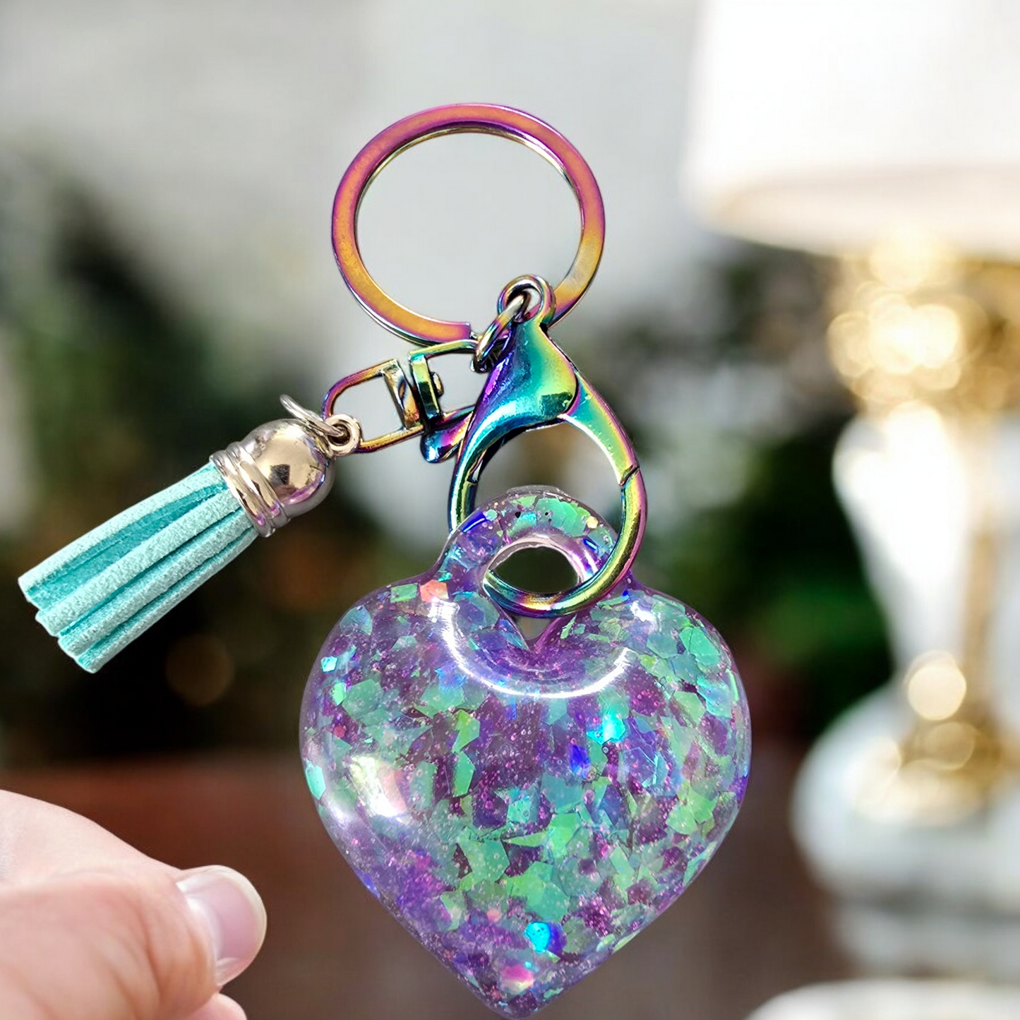 Keycharm puffy heart mauve and turquoise