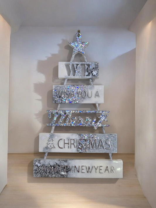 Christmas tree wish you a merry Christmas silver and white