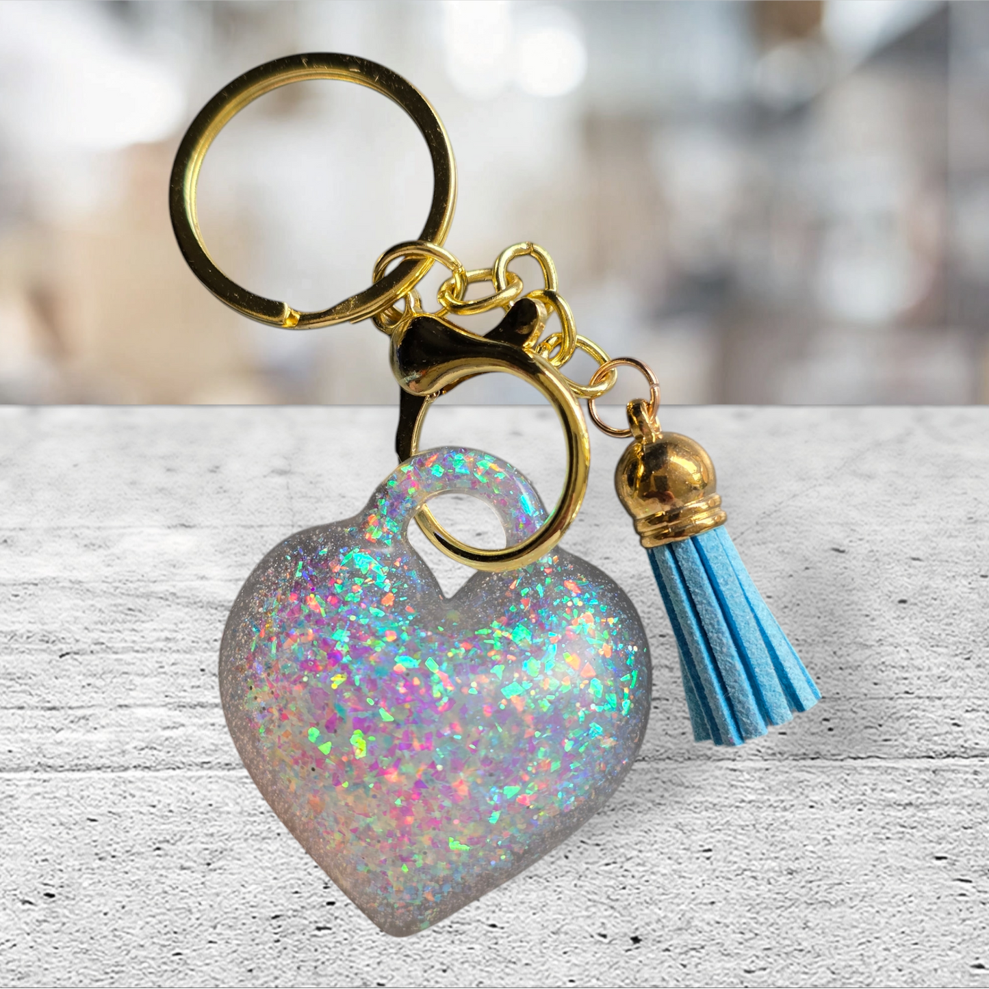 Keycharm puffy heart sparkling pink, blue, lilac