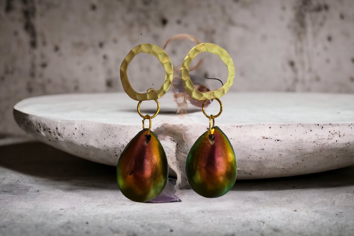 Earrings green,  copper,  gold